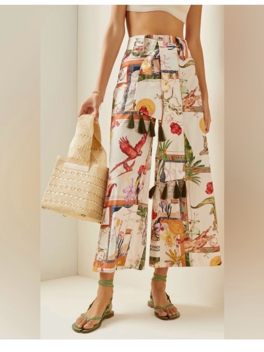 Tassel-Belt High-Waist Wide Leg Pants - White Floral Print